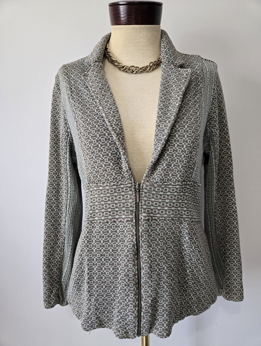 Nic + Zoe  Silk  Brown And Teal Patterned Zip-Front SweaterJacket  Size L